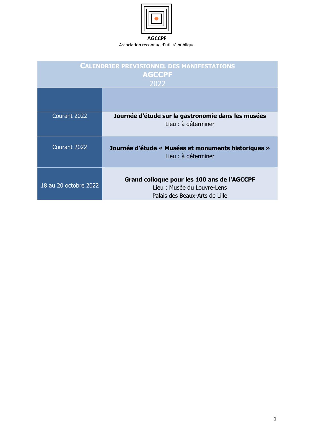 Calendrier AGCCPF 2022